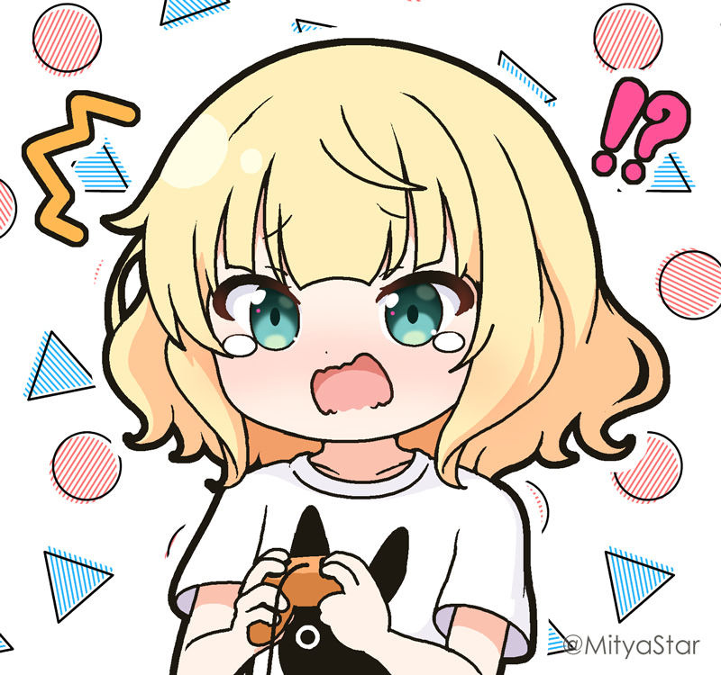 !?, 1girl, ^^^, animal_print, blonde_hair, commentary_request, controller, game_controller, green_eyes, holding, marl_(shironeko_project), mitya, open_mouth, outline, print_shirt, rabbit_print, shironeko_project, shirt, short_sleeves, solo, tears, twitter_username, upper_body, wavy_mouth, white_background, white_outline, white_shirt