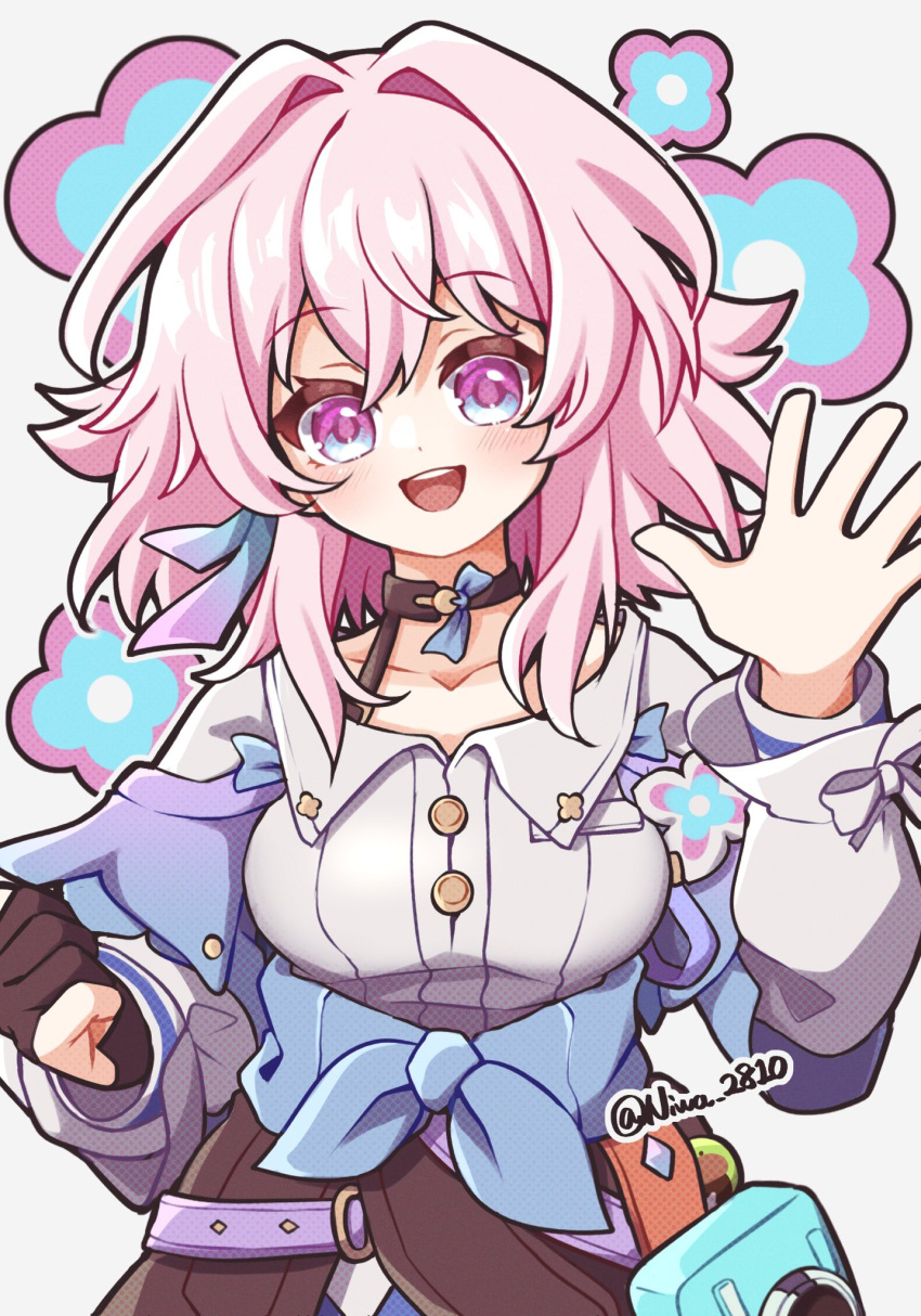 1girl, acorn, badge, black_choker, black_corset, black_gloves, blue_eyes, blue_jacket, blue_skirt, blush, breasts, button_badge, buttons, camera, choker, corset, dress_shirt, earrings, flower_ornament, gloves, halftone, highres, honkai:_star_rail, honkai_(series), jacket, jewelry, long_sleeves, looking_at_viewer, march_7th_(honkai:_star_rail), medium_breasts, medium_hair, niwa_2810, open_mouth, partially_fingerless_gloves, pink_eyes, pink_hair, shirt, single_earring, single_glove, skirt, smile, solo, spread_fingers, teeth, tied_jacket, two-tone_eyes, upper_body, upper_teeth_only, white_shirt
