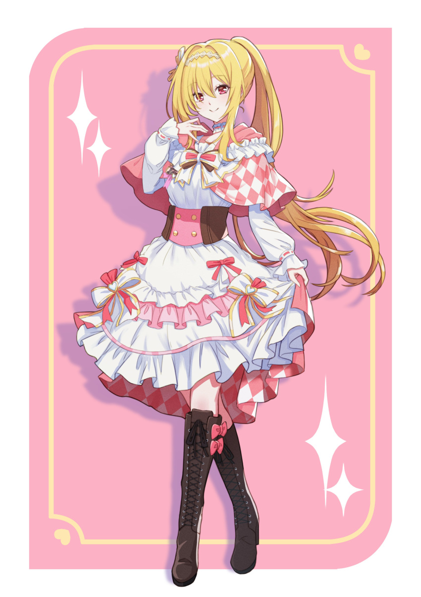 absurdres, ankimo_(nirudo), blonde_hair, boots, corset, cross-laced_footwear, dress, hairband