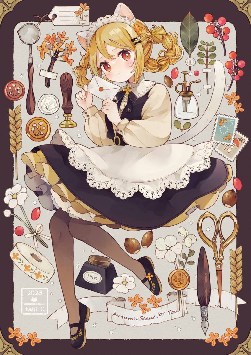 1girl, acorn, animal_ears, apron, artist_name, autumn, black_dress, black_footwear