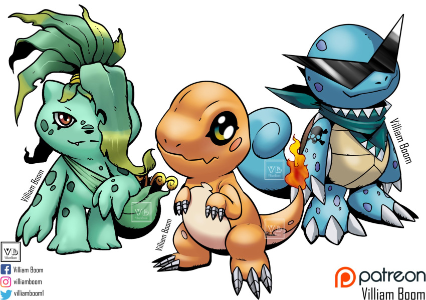 artist_name, blue_skin, brown_eyes, bulbasaur, charmander, closed_mouth, colored_skin, crossover