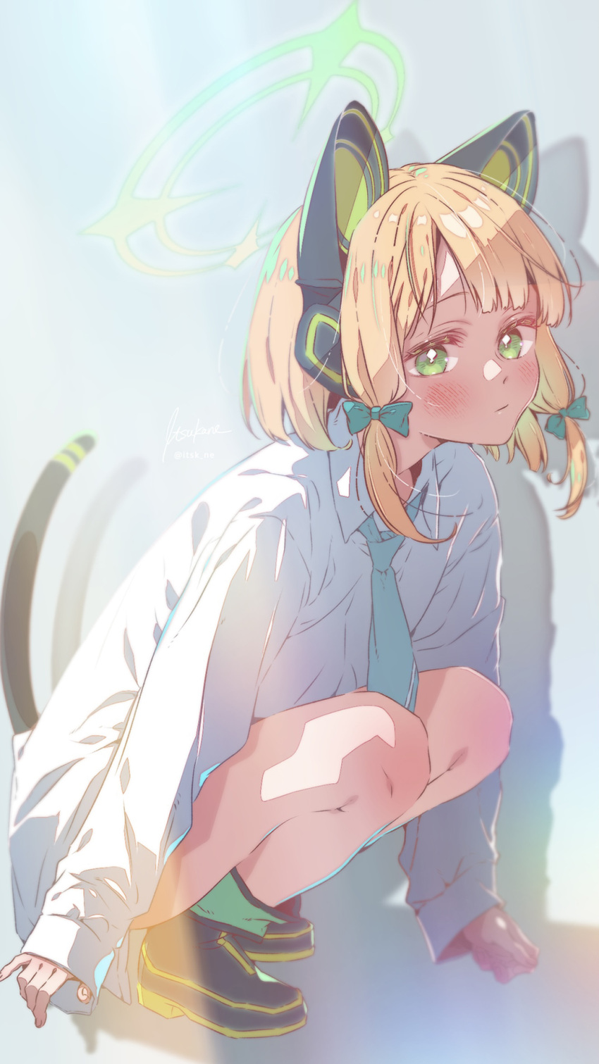 1girl, animal_ear_headphones, animal_ears, blonde_hair, blue_archive, blush, bow, cat_ears