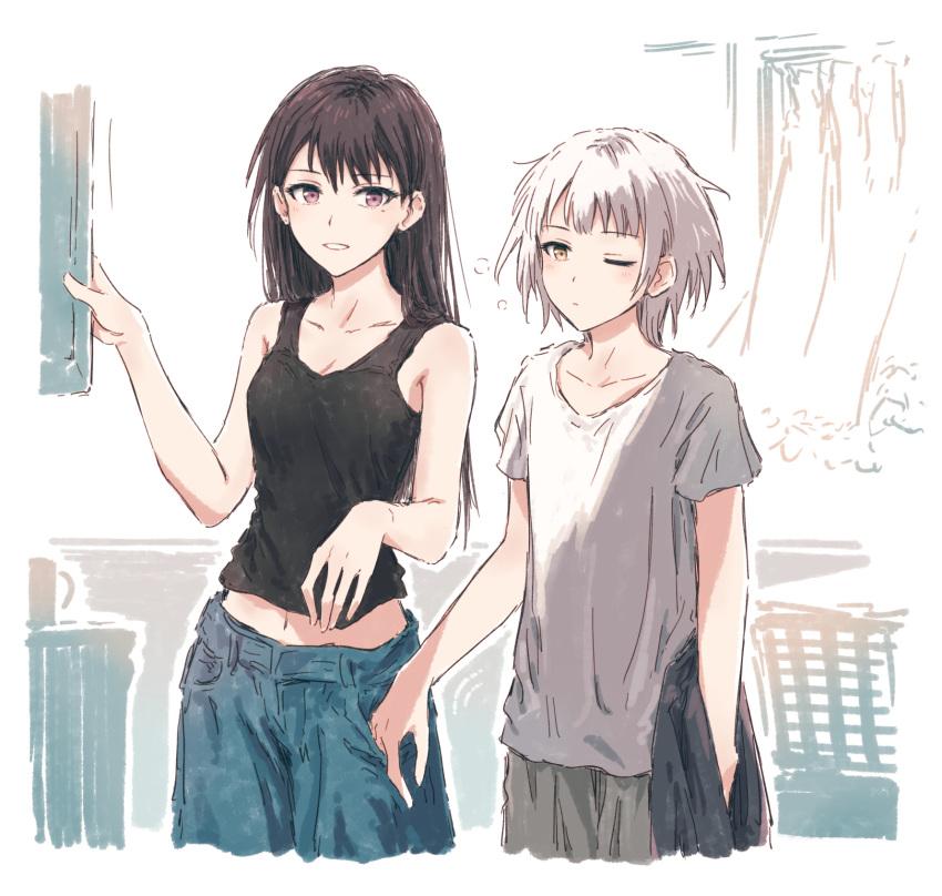 bang_dream!, bang_dream!_it's_mygo!!!!!, bare_shoulders, black_hair, black_tank_top, blue_pants, breasts, closed_mouth, collarbone, commentary, cropped_legs, furukawa_wanosuke, hand_in_another's_pocket, highres, indoors, kaname_rana, light_blush, long_hair, medium_breasts, midriff, mole, mole_under_eye, navel, one_eye_closed, pants, shiina_taki, shirt, short_hair, short_sleeves, sidelocks, sleepy, tank_top, white_hair, white_shirt, yellow_eyes