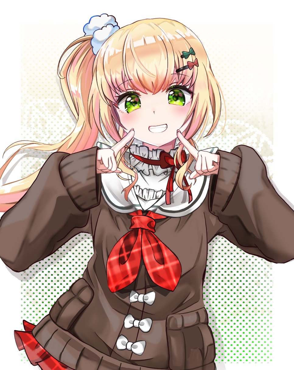 1girl, blonde_hair, bow, brown_background, brown_cardigan, cardigan, fang, fingers_to_cheeks