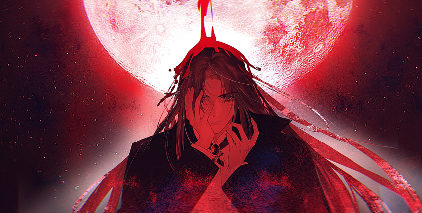 1boy, black_hair, blood, blood_on_face, chinese_commentary, commentary_request, fingernails, gem