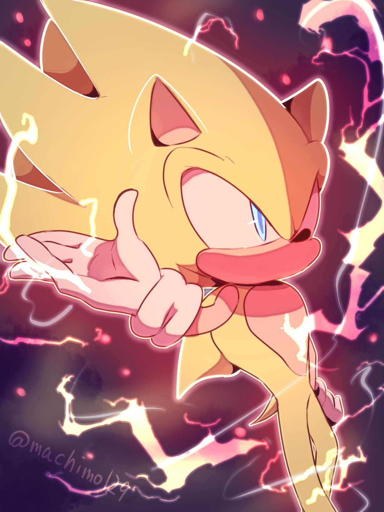 animal_ears, artist_name, blue_eyes, gloves, hand_up, hedgehog, hedgehog_ears, hedgehog_tail, highres, lightning, looking_to_the_side, machimo129, no_mouth, solo, sonic_(series), sonic_the_hedgehog, super_sonic, super_sonic_2, tail, white_gloves, yellow_fur