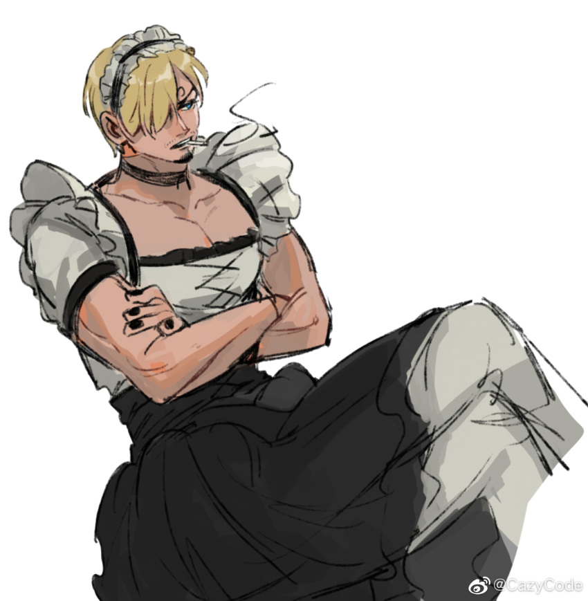 1boy, alternate_costume, alternate_facial_hair, annoyed, apron, black_dress, blonde_hair, crossdressing