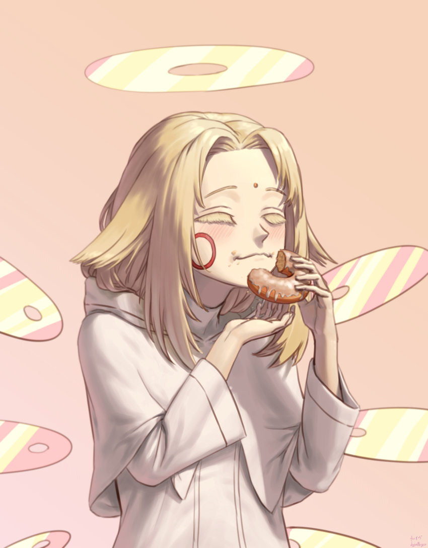 1girl, absurdres, blonde_hair, capelet, closed_mouth, detached_wings, doughnut, eating