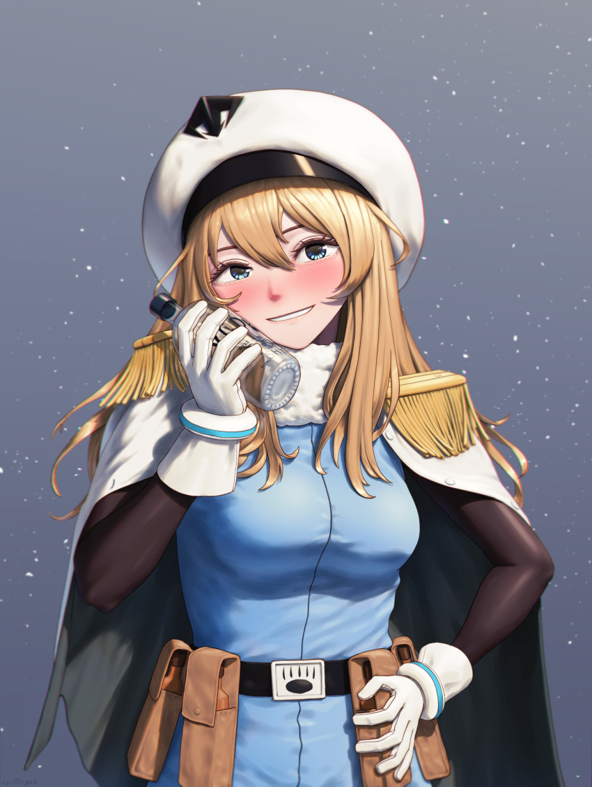 1girl, andreanof_pepesha, belt, black_belt, black_sleeves, blonde_hair, blue_dress, blush, bottle, breasts, cape, dress, ellinyse, fur_collar, gloves, hand_up, highres, holding, holding_bottle, large_breasts, long_hair, pouch, shy_(series), smile, snow, solo, teeth, white_cape, white_gloves, white_headwear