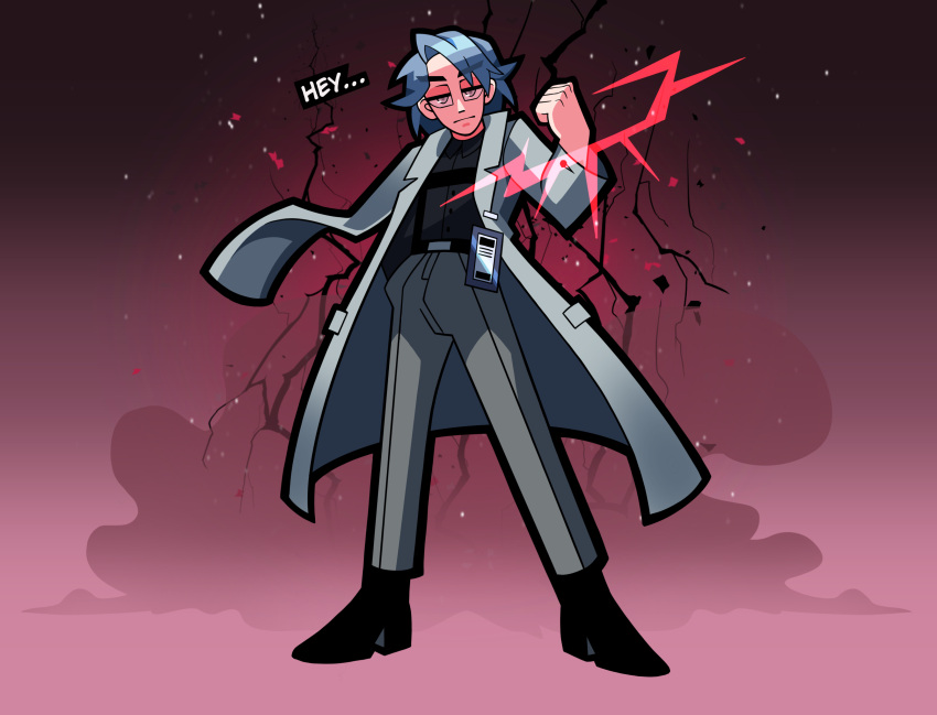 absurdres, black_footwear, black_shirt, chief_(path_to_nowhere), funkint00n, grey_hair, grey_jacket, grey_pants, highres, id_card, jacket, male_chief_(path_to_nowhere), non-web_source, pants, path_to_nowhere, red_background, shirt, toon_(style), uniform