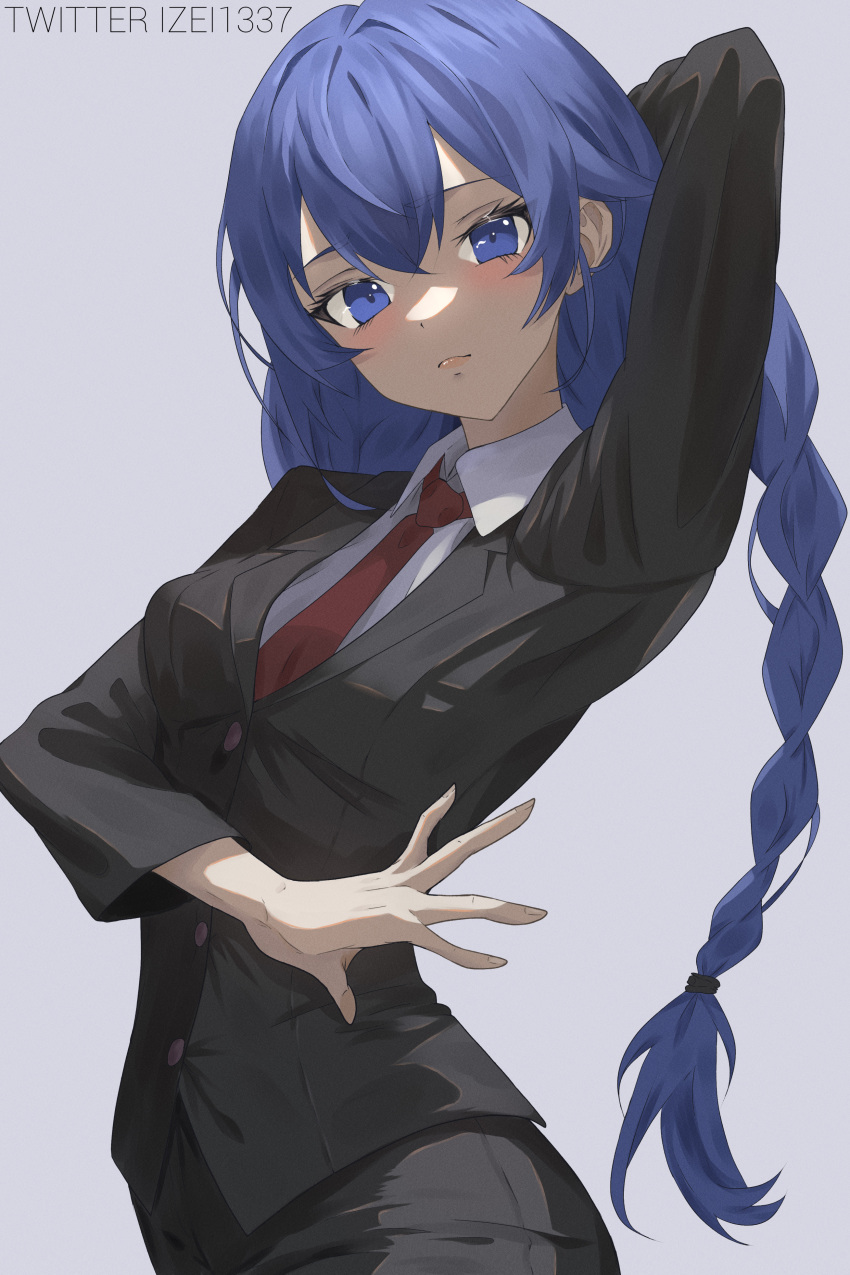 1girl, absurdres, alternate_costume, arm_behind_head, arm_up, black_jacket, black_pants, black_suit