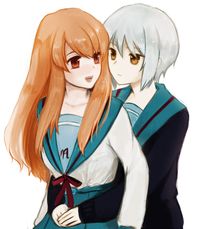 back_hug, brown_eyes, brown_hair, cardigan, hug, hug_from_behind, nagato_yuki, school_uniform