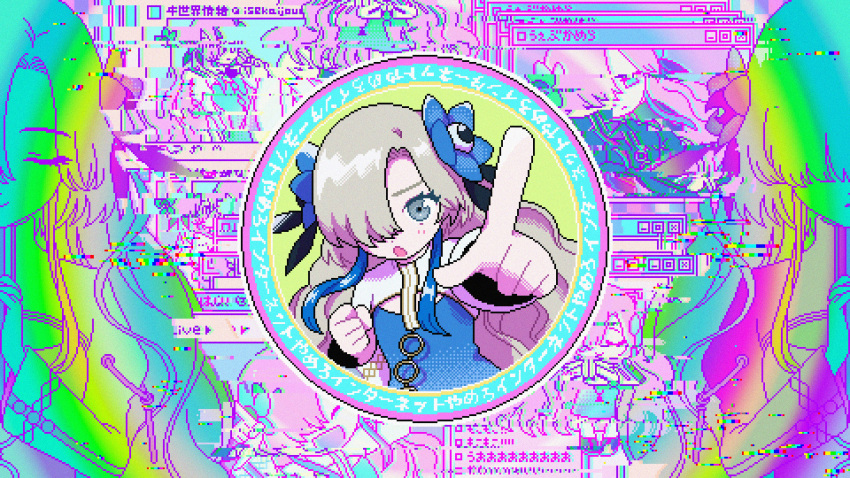1girl, :o, ^_^, absurdres, blue_dress, blue_flower, blue_hair, character_name, chat_log, chibi, closed_eyes, closed_mouth, collage_background, commentary_request, dress, expressionless, flower, glitch, grey_eyes, grey_hair, hair_flower, hair_ornament, hair_over_one_eye, highres, internet_yamero, internet_yamero_(meme), isekai_joucho, juliet_sleeves, kamitsubaki_studio, light_blush, long_hair, long_sleeves, looking_at_viewer, meme, multicolored_hair, multiple_views, narume, needy_girl_overdose, o-ring, one_eye_covered, open_mouth, own_hands_clasped, own_hands_together, pixel_art, pointing, pointing_at_viewer, puffy_sleeves, rainbow_gradient, shrug_(clothing), smile, streaked_hair, translation_request, v-shaped_eyebrows, virtual_youtuber, white_sleeves, window_(computing)