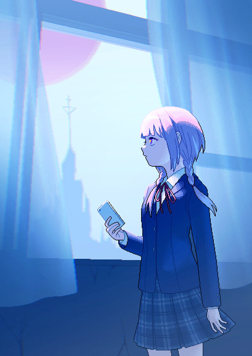 1girl, blazer, blunt_bangs, braid, cellphone, collared_shirt, cowboy_shot, crack