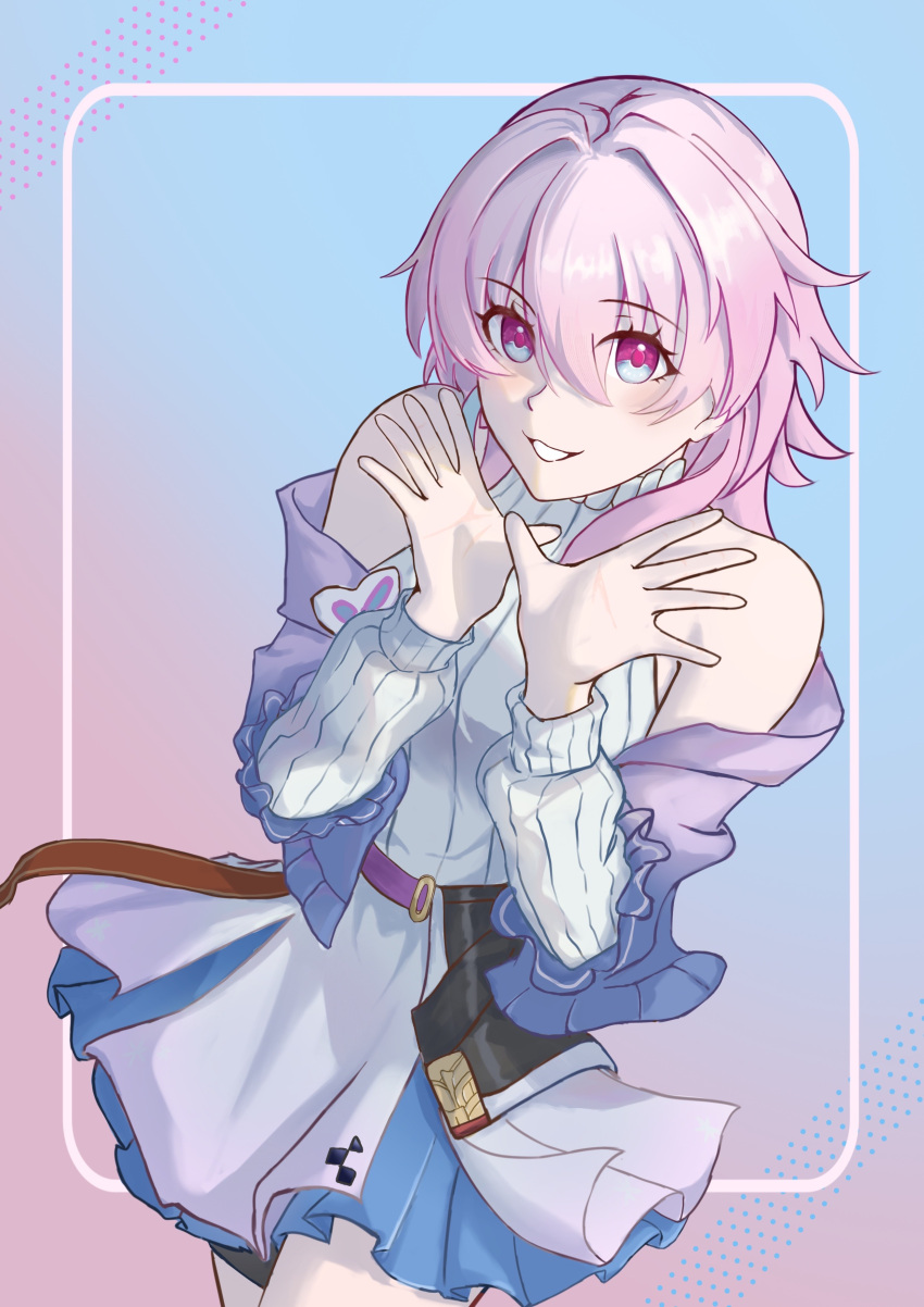 1girl, absurdres, belt, blue_background, blue_eyes, blue_jacket, blue_skirt, chinese_commentary