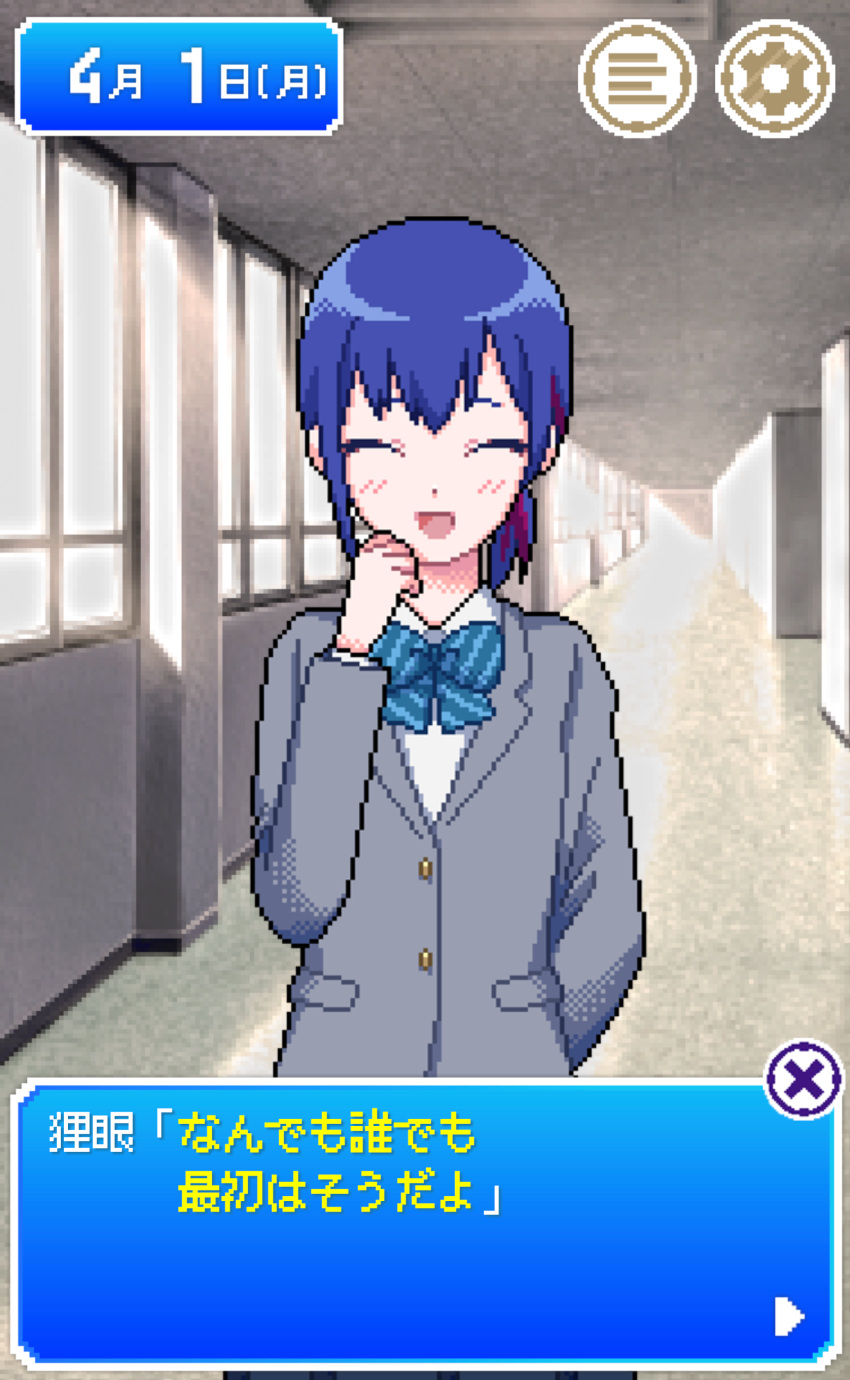 1girl, absurdres, arm_behind_back, blazer, blue_bow, blue_bowtie, blue_hair, blush