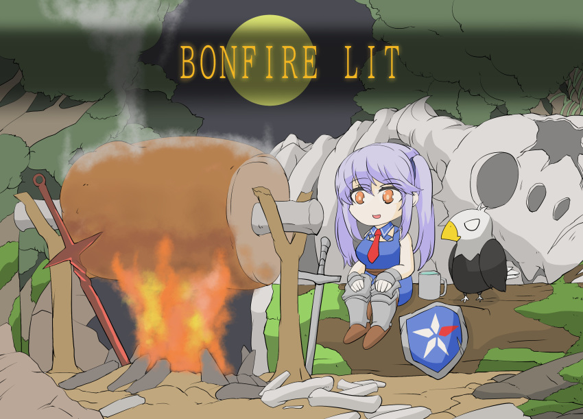 1girl, animal, animal_skull, azur_lane, bird, boned_meat, bonfire, crossover, cup, dark_souls_(series), dark_souls_i, eagle, essex_(azur_lane), food, highres, in_tree, maru_(92503), meat, moon, mug, orange_eyes, purple_hair, shield, sitting, sitting_in_tree, skull, sword, tree, weapon
