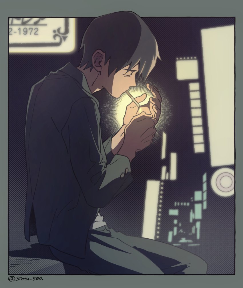 1boy, black_hair, black_jacket, black_pants, cigarette, closed_eyes, from_side, jacket