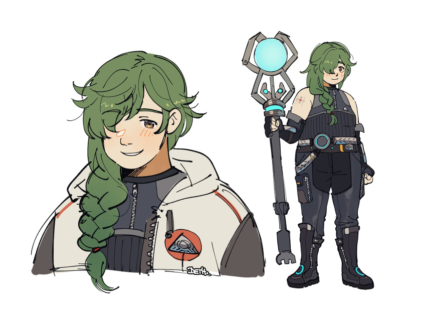 1boy, aged_up, braid, english_commentary, fingerless_gloves, gloves, green_hair, hair_over_one_eye