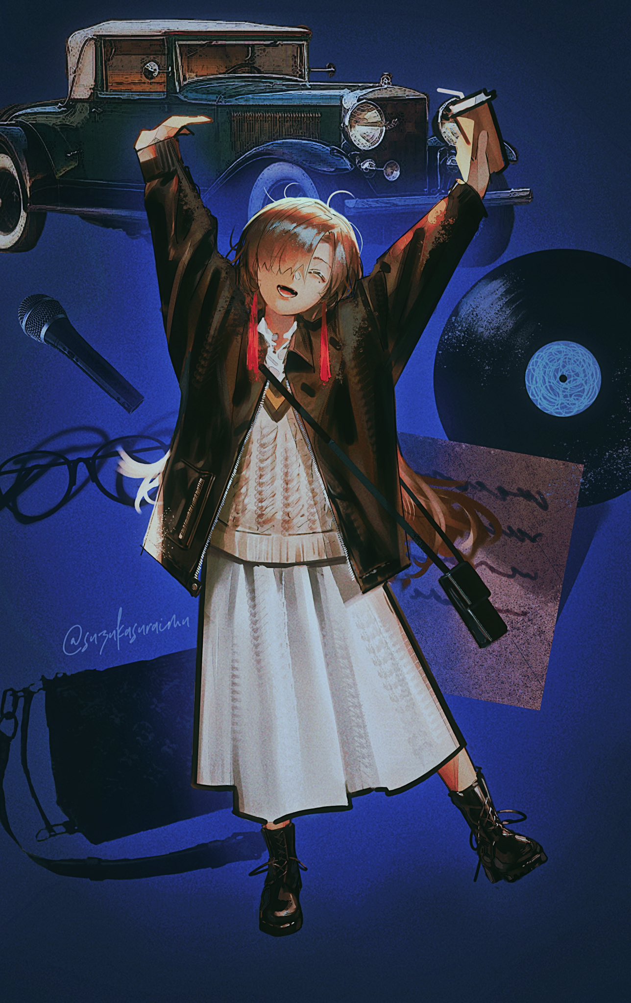 1girl, aran_sweater, arms_up, bag, black_footwear, black_jacket, blue_background, boots