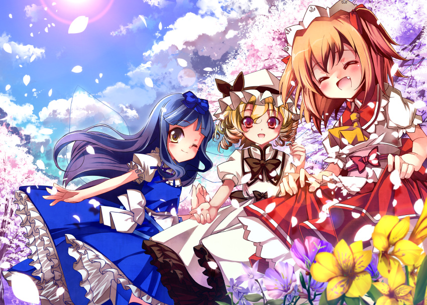 ^_^, absurdres, ascot, black_hair, blonde_hair, bowtie, cherry_blossoms, closed_eyes, fairy_wings, fang, flower, happy, hat, highres, long_hair, looking_at_viewer, luna_child, multiple_girls, open_mouth, red_eyes, sho_(artist), short_hair, skirt_hold, smile, star_sapphire, sunny_milk, touhou, twintails, wings, wink, yellow_eyes, yousei_daisensou