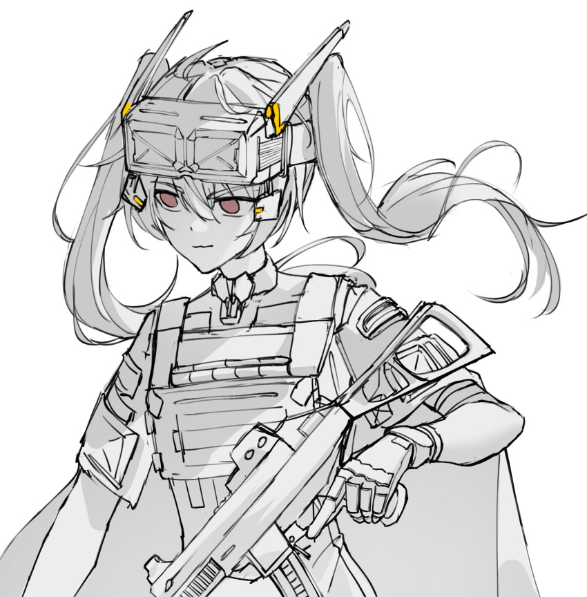 1girl, closed_mouth, commentary_request, girls'_frontline_2:_exilium, gloves, gun, h&amp;k_ump, hair_between_eyes, headgear, highres, holding, holding_gun, holding_weapon, long_hair, night_vision_device, partially_colored, red_eyes, simple_background, solo, submachine_gun, twintails, ump9_(girls'_frontline), upper_body, weapon, white_background, wu_chengyi3999