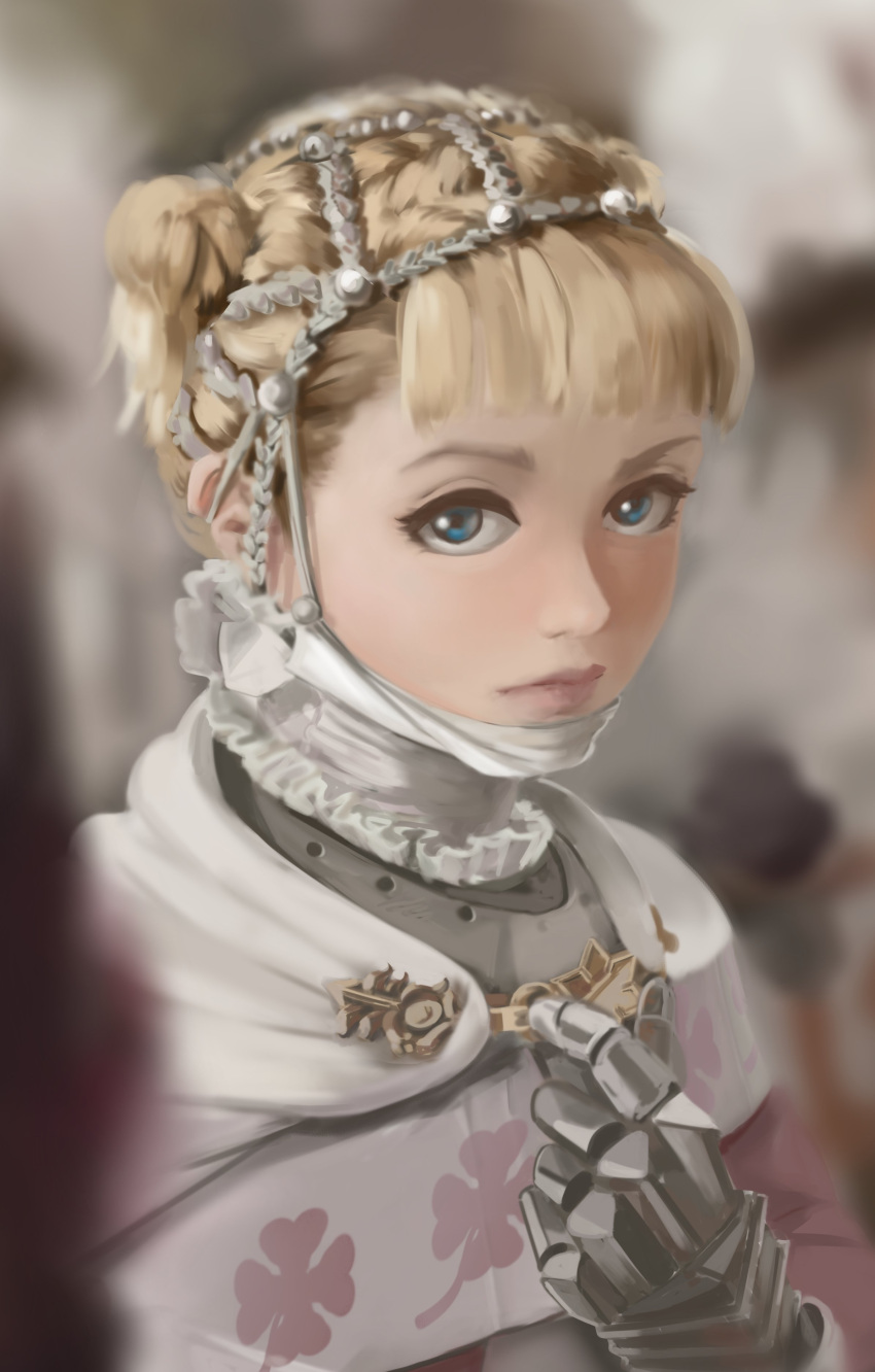 1girl, absurdres, armor, berserk, blonde_hair, blue_eyes, blurry, blurry_background, blurry_foreground, capelet, commission, dana_(ocana_dana), farnese_(berserk), highres, looking_at_viewer, solo, twintails, white_capelet