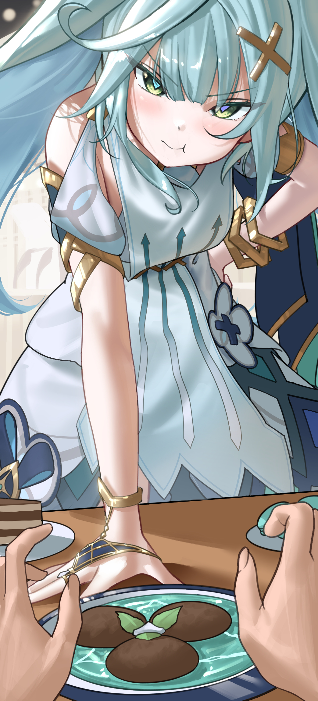 1girl, :t, aqua_eyes, aqua_hair, blush, dress, faruzan_(genshin_impact), food, genshin_impact, hair_ornament, hand_on_own_hip, highres, jewelry, looking_at_viewer, manda_(luts7602), plate, pout, pov, pov_hands, table, white_dress, x_hair_ornament