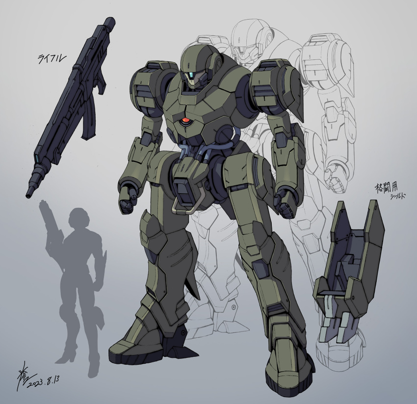arms_at_sides, assault_rifle, blue_eyes, blueprint_(medium), clenched_hands, commentary_request, dated, full_body