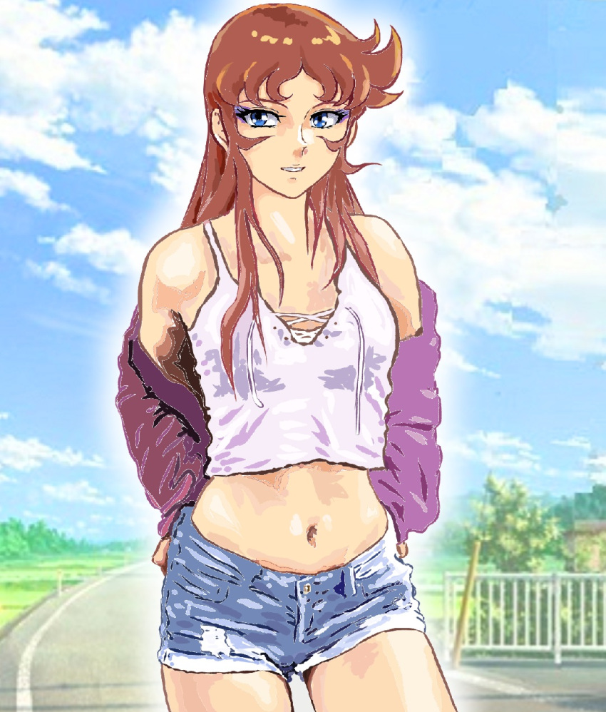 1970s_(style), 1girl, bare_shoulders, blue_eyes, blue_shorts, blue_sky, breasts, clouds
