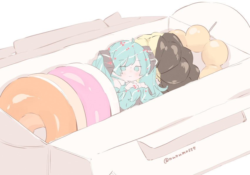 1girl, :i, absurdres, ahoge, aqua_eyes, aqua_hair, blank_stare, box, chibi, closed_mouth, commentary_request, doughnut, food, food_request, hair_ornament, hatsune_miku, highres, holding_own_hair, light_blush, long_hair, looking_at_viewer, nunumo, pon_de_ring, shirt, simple_background, sitting, solo, twintails, twitter_username, vocaloid, white_background, white_shirt