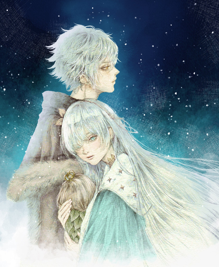 1boy, 1girl, anastasia_(fate), blue_cloak, blue_eyes, brown_coat, cloak, coat