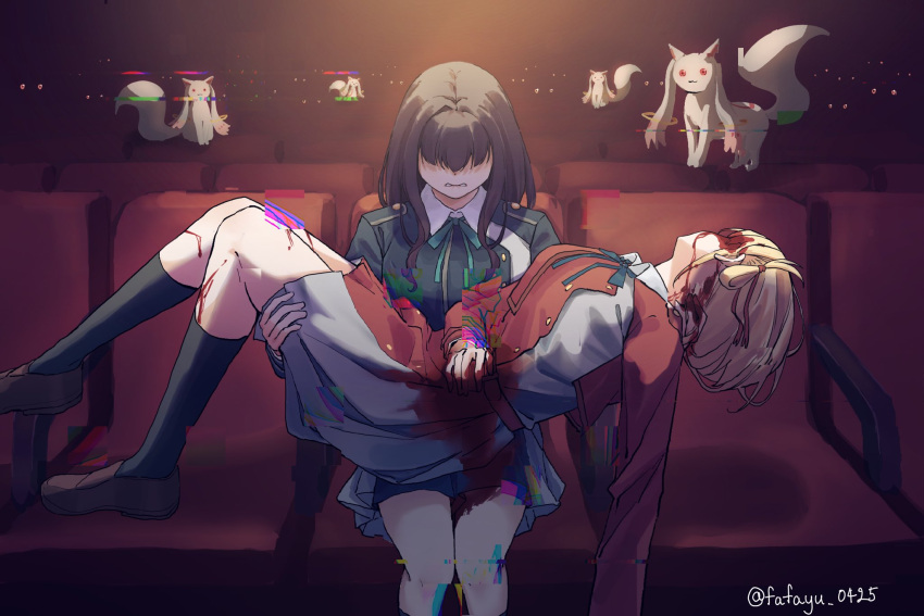 2girls, 6+others, black_hair, blonde_hair, blood, carrying, carrying_person, death, fafayu_0425, glitch, glowing, glowing_eyes, highres, inoue_takina, kyubey, lycoris_recoil, lycoris_uniform, magia_record:_mahou_shoujo_madoka_magica_gaiden, mahou_shoujo_madoka_magica, movie_theater, multiple_girls, multiple_others, nishikigi_chisato, red_eyes, sitting, twitter_username