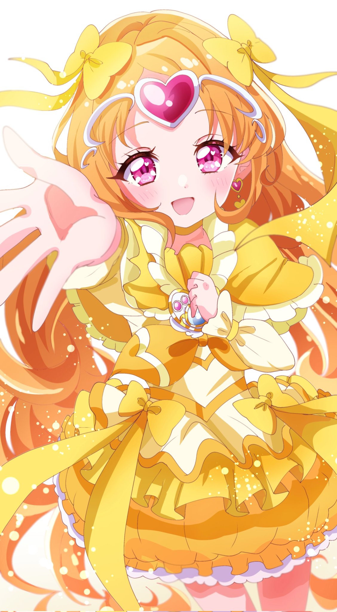 1girl, bow, brooch, bubble_skirt, choker, circlet, cowboy_shot, cure_muse_(yellow), earrings, frills, gradient_background, hair_ribbon, heart, heart_brooch, heart_earrings, highres, jewelry, long_hair, magical_girl, matatabi_hibiki, open_mouth, orange_choker, orange_hair, precure, ribbon, shirabe_ako, skirt, smile, solo, suite_precure, tiara, white_background, yellow_bow, yellow_choker, yellow_skirt