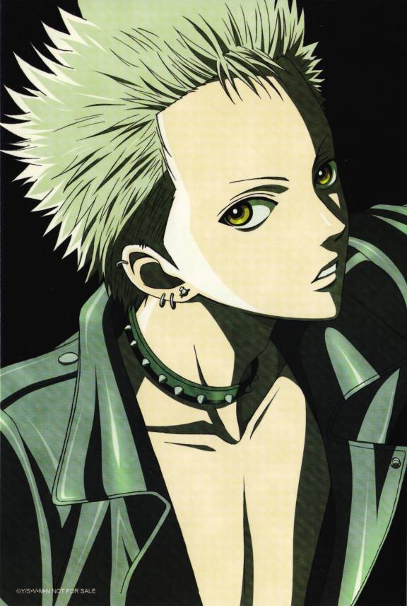 collar, earrings, green_hair, jewelry, leather_jacket, male, nana, punk