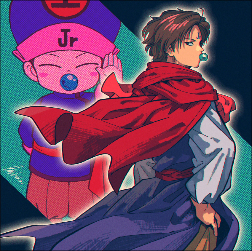 2boys, black_eyes, blush_stickers, brown_hair, cape, dual_persona, hand_on_own_hip, hat