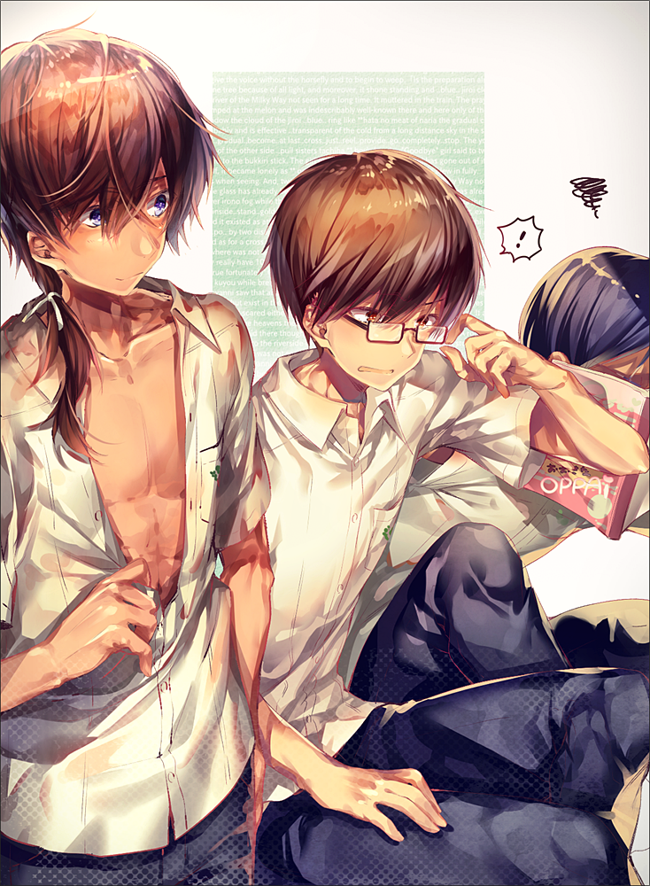 !, 3boys, backpack, bag, black_hair, blue_pants, brown_eyes, chi_no