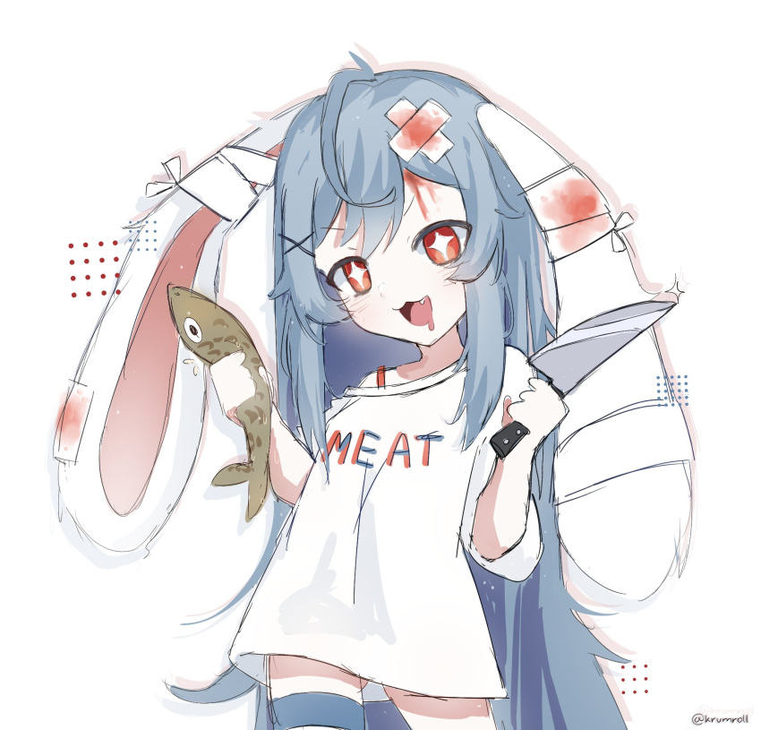 1girl, :3, ahoge, animal, animal_ears, ass_visible_through_thighs, bandages, blood, blood_stain, blue_hair, bra_strap, clothes_writing, cowboy_shot, fang, fish, hair_between_eyes, hair_ornament, highres, holding, holding_animal, holding_fish, holding_knife, indie_virtual_youtuber, kitchen_knife, knife, krumroll_(artist), light_blue_hair, long_hair, lop_rabbit_ears, off-shoulder_shirt, off_shoulder, para_(vtuber), rabbit_ears, saliva, shirt, star-shaped_pupils, star_(symbol), symbol-shaped_pupils, t-shirt, twitter_username, very_long_hair, virtual_youtuber, white_background, x_hair_ornament