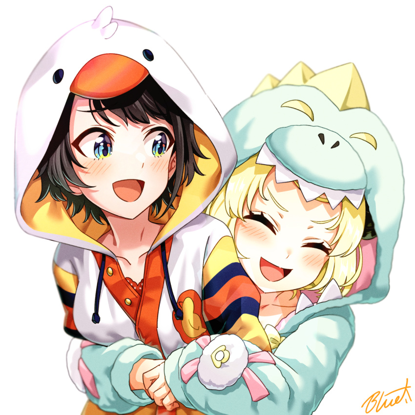 2girls, :d, animal_hood, bird_hood, blonde_hair, blue_eyes, blush, buru-dai
