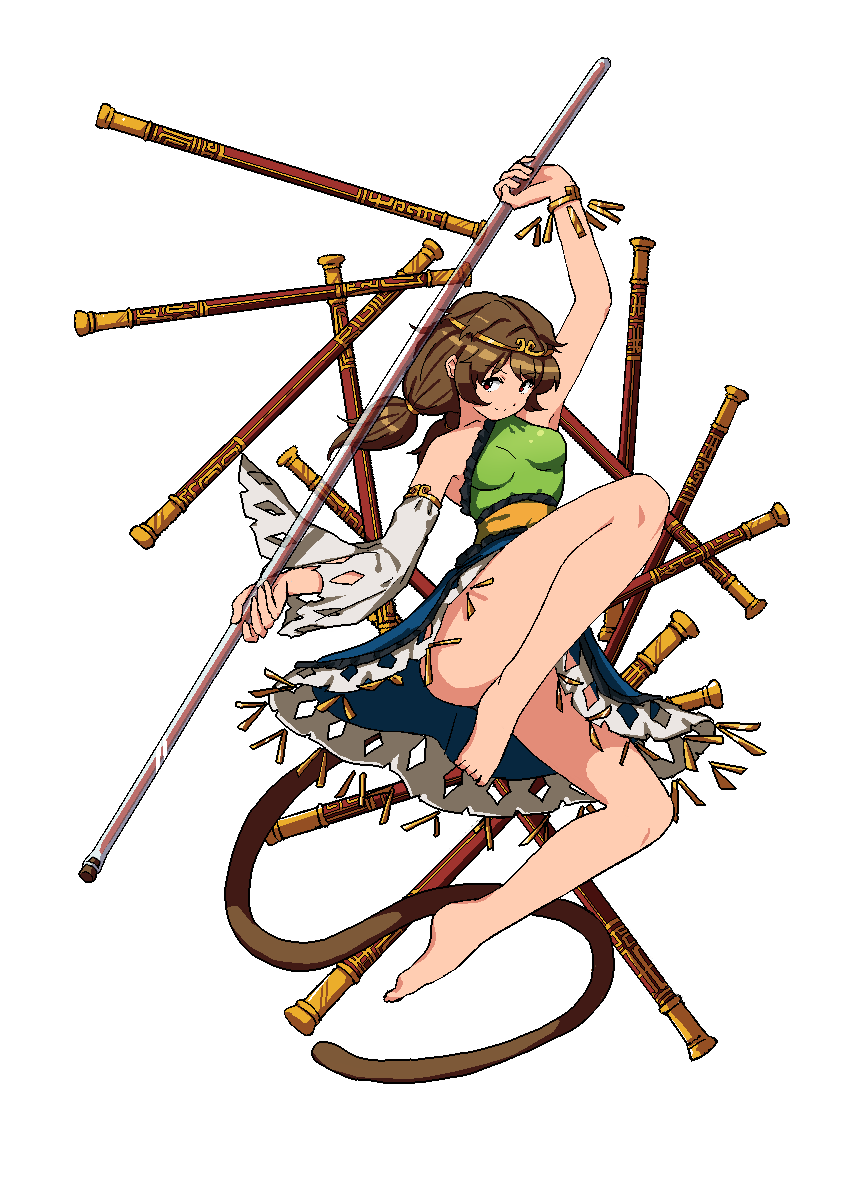 1girl, bare_shoulders, brown_hair, circlet, detached_sleeves, dress, full_body, holding