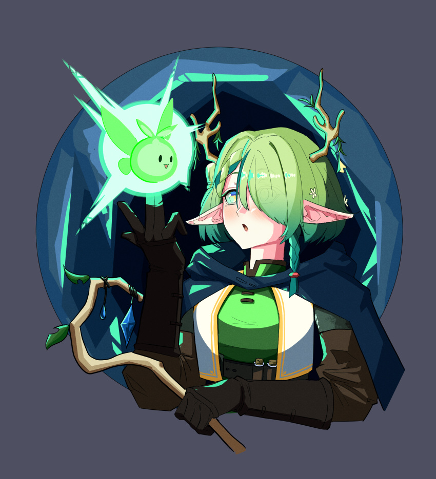 03pun15, 1girl, braid, ceres_fauna, elf, eyes_visible_through_hair, gloves, green_hair, hair_over_one_eye, highres, holding, holding_staff, hololive, hololive_english, open_mouth, pointy_ears, short_hair, solo, staff, tongue, upper_body, virtual_youtuber