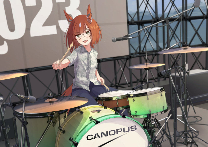 1girl, animal_ears, brown_hair, drum, drum_set, drumsticks, glasses, grey_shirt, highres, holding, holding_instrument, horse_ears, horse_girl, ikuno_dictus_(umamusume), indoors, instrument, kimura_komekami, microphone, music, pants, playing_instrument, round_eyewear, shirt, short_sleeves, sitting, solo, umamusume
