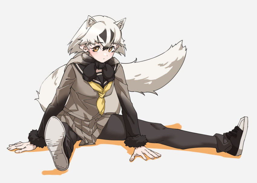 1girl, badger_ears, badger_girl, badger_tail, black_footwear, black_fur, black_hair, black_pantyhose