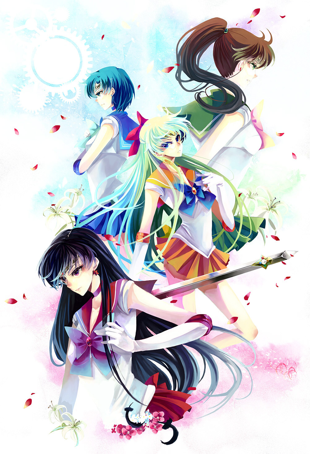 aino_minako, bishoujo_senshi_sailor_moon, black_hair, blue_hair, bow, brown_hair, earrings, flower