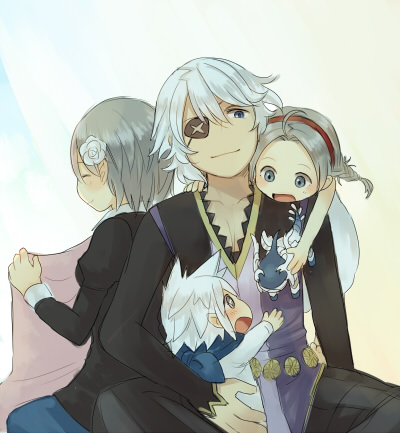 2boys, 2girls, aged_down, blue_scarf, corrin_(female)_(fire_emblem), corrin_(fire_emblem), eyepatch, family, fire_emblem, fire_emblem_fates, grey_hair, hairband, hetero, if_they_mated, kana_(fire_emblem), kana_(male)_(fire_emblem), lowres, multiple_boys, multiple_girls, niles_(fire_emblem), nina_(fire_emblem), open_mouth, red_hairband, scarf, tefutene, white_hair