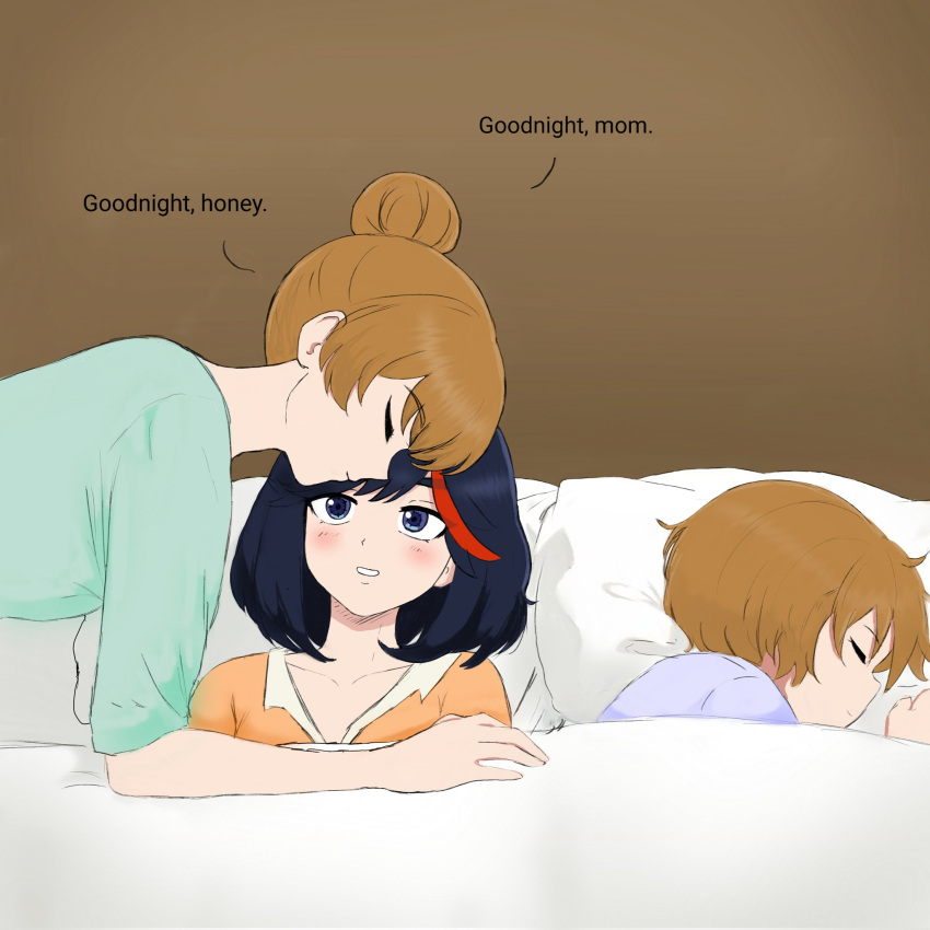 bed, black_hair, blush, bob_cut, brown_hair, commission, english_commentary, english_text