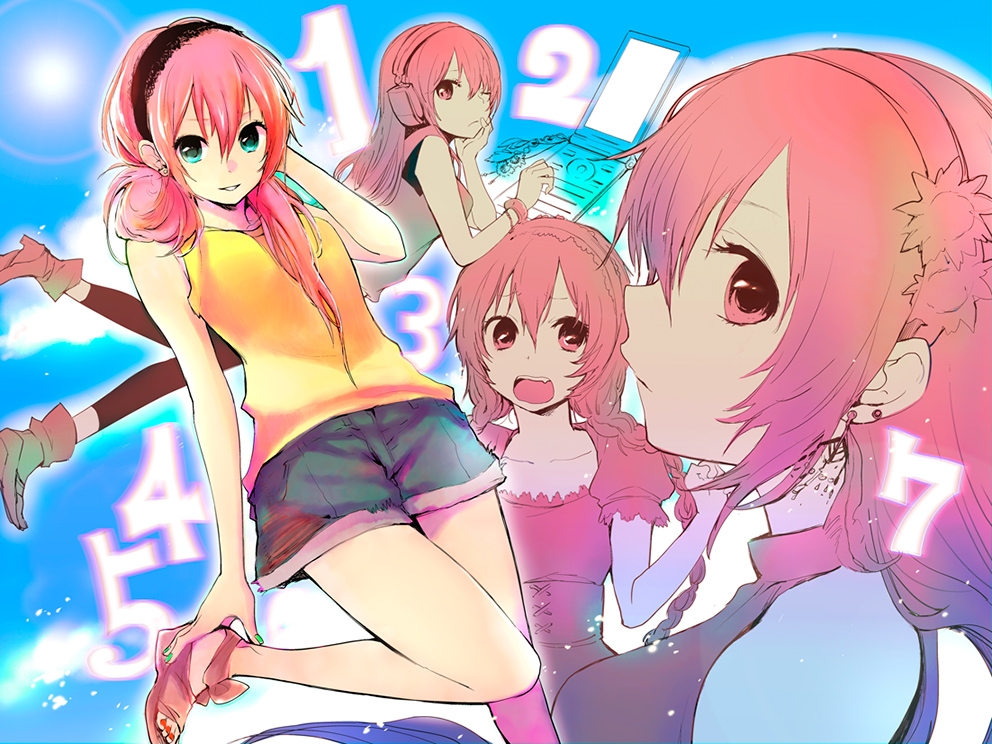 aqua_eyes, hairband, long_hair, megurine_luka, nail_polish, pink_hair, shoes, shorts, smile, solo, vocaloid, weda_(artist)