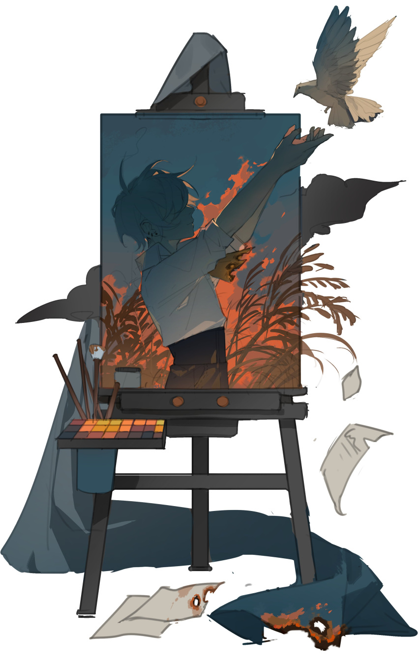 1other, absurdres, ambiguous_gender, bird, black_pants, brown_hair, burned_paper, burnt