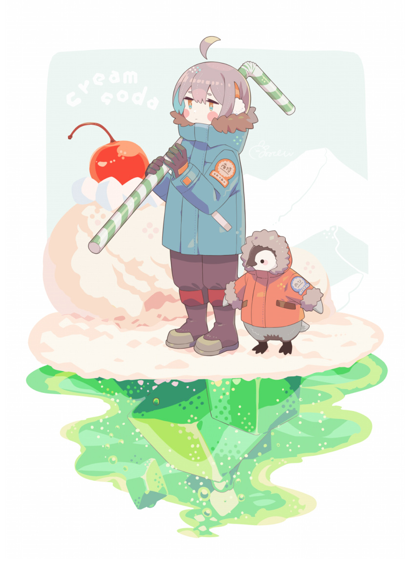 1other, ahoge, androgynous, animal, aqua_hair, aqua_jacket, bendy_straw, bird