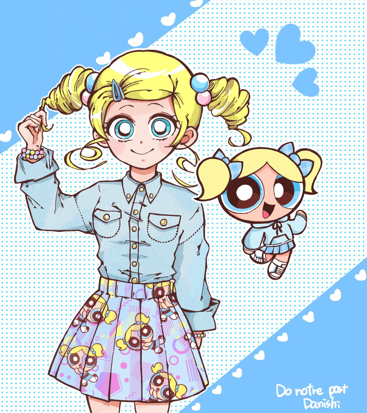 2girls, artist_name, bead_bracelet, beads, blonde_hair, blue_eyes, blue_hoodie, blue_shirt
